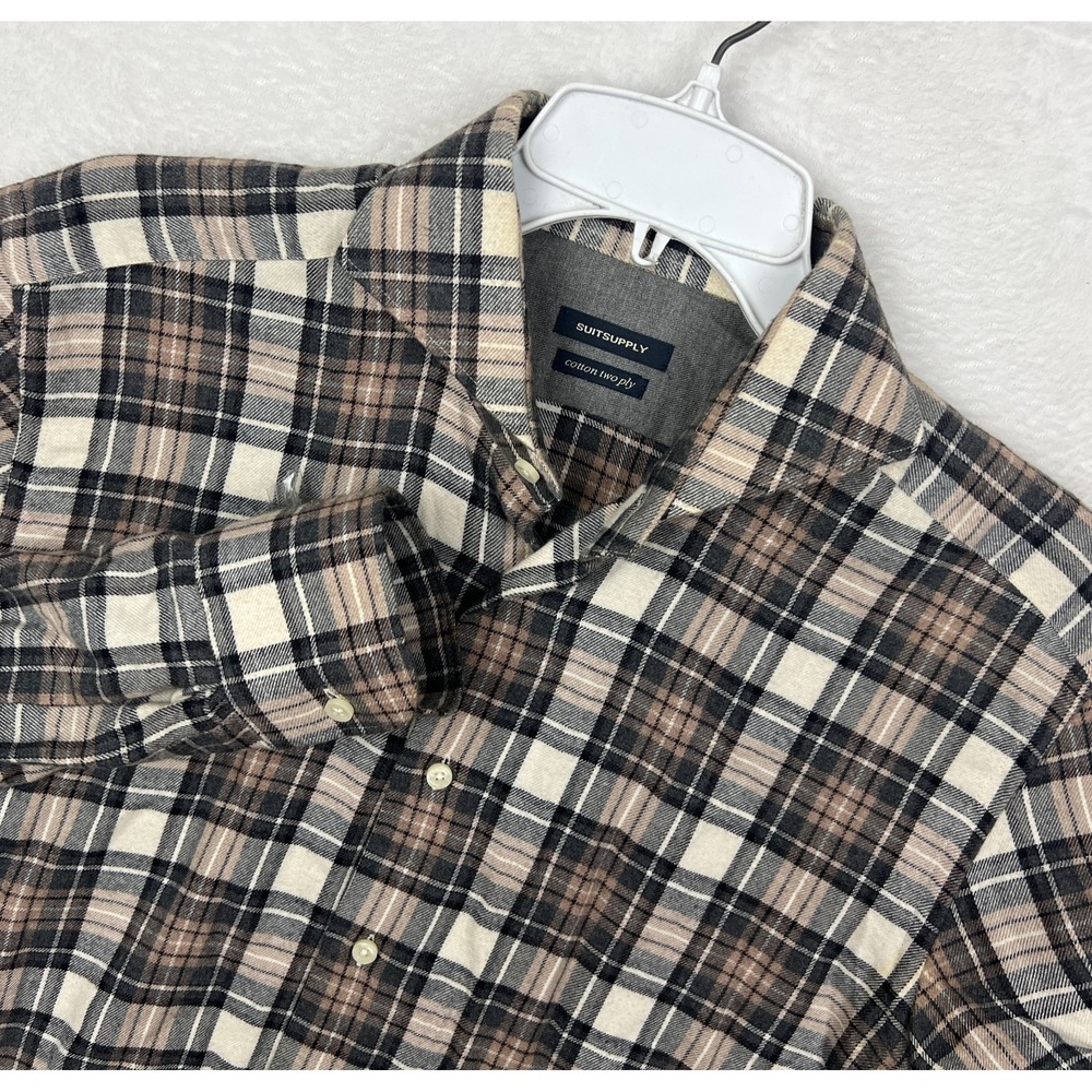 Suitsupply Button‎ Up Dress Shirt Mens 15 38 Flannel Plaid Brown Beige Canclini